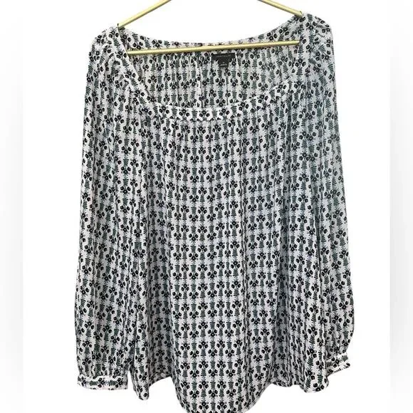 Ann Taylor Black White Floral Boatneck Long Sleeve Stretch Blouse Size XL EUC - Picture 3 of 7